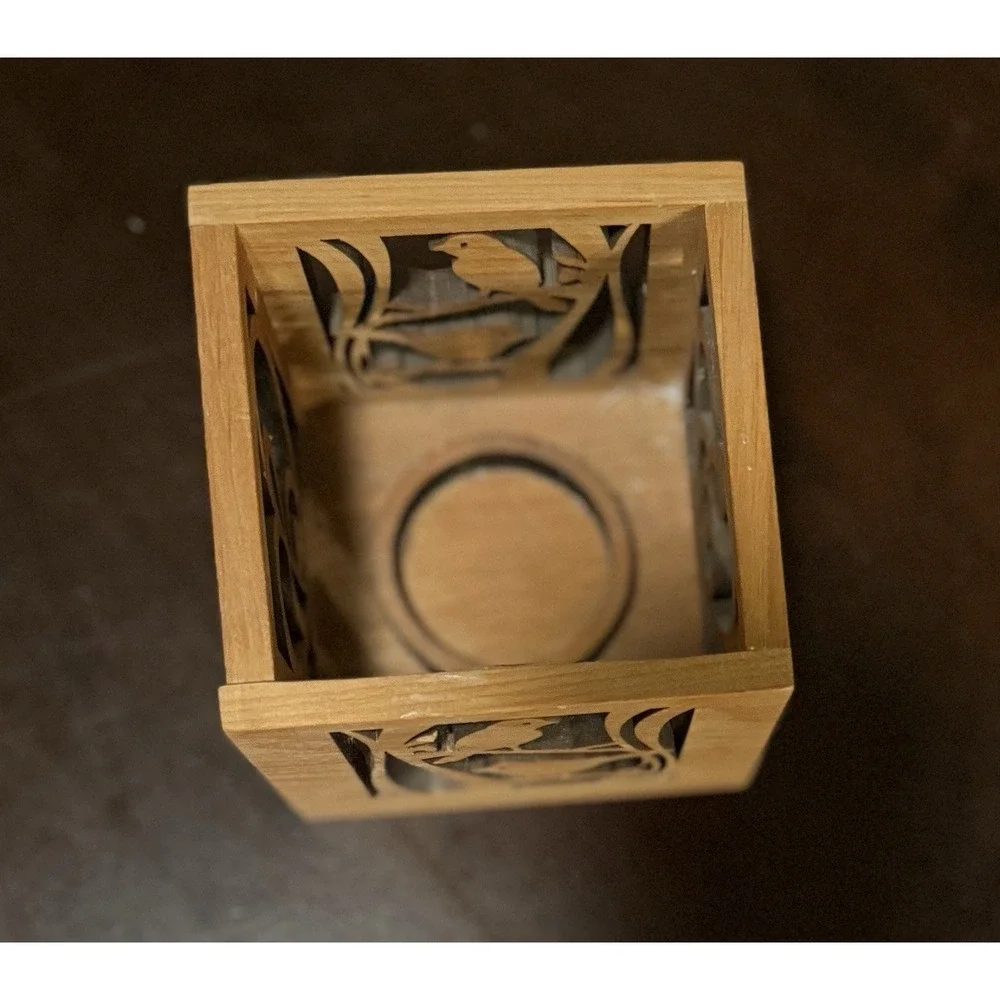 Carved Alder Wood Cube Tea Light Holder Birds, Hearts Made by Almeda in Czech 4